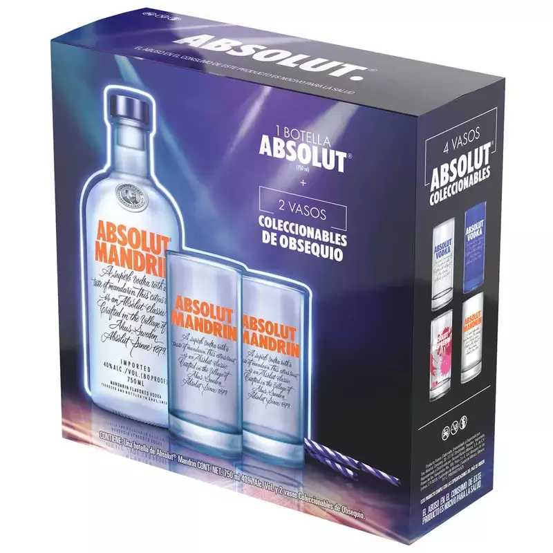 Vodka Absolut Mandrin 750 ml. + 2 Vasos 1 VODKA ABSOLUT MANDRIN 750 ml.+ 2 VASOS
