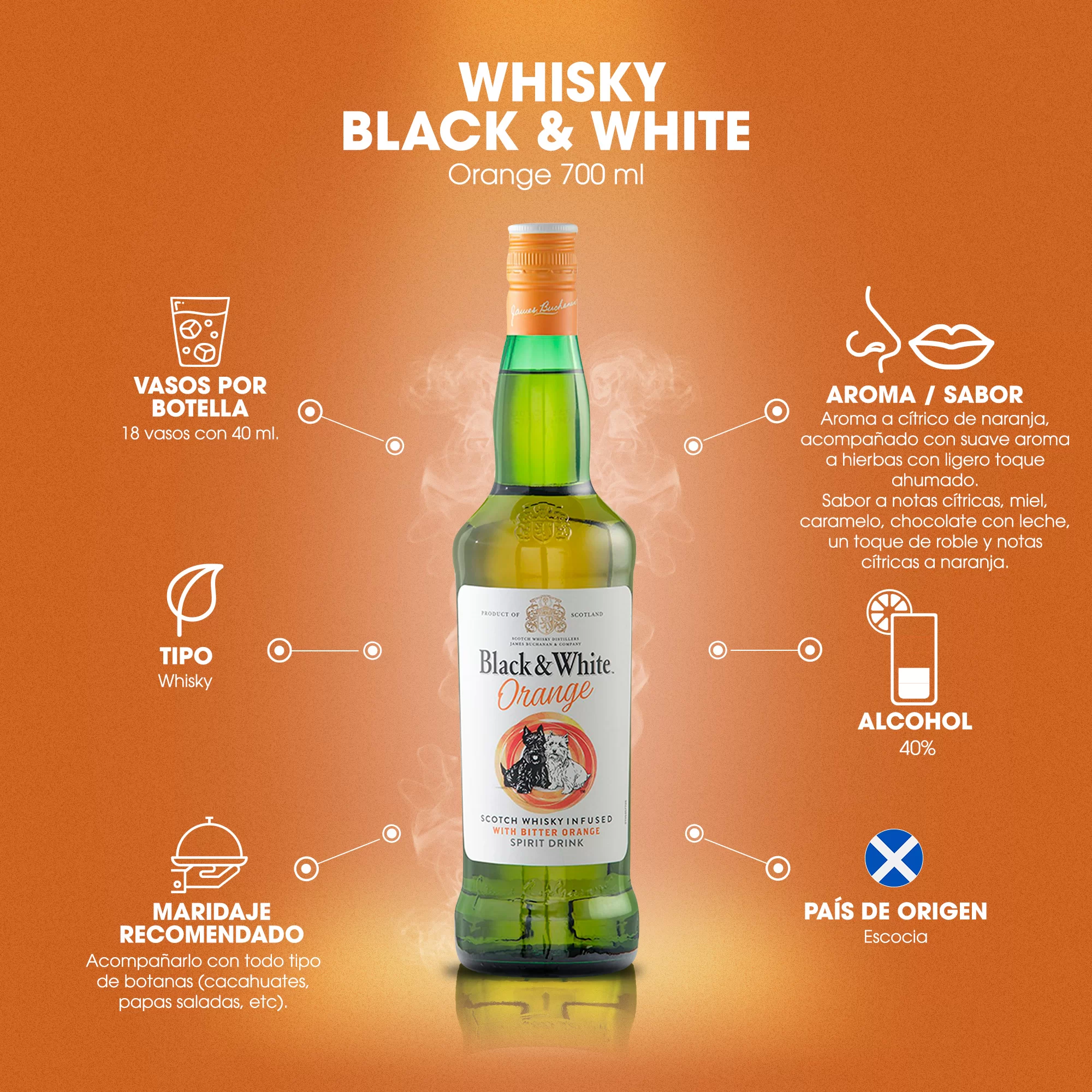 Whisky Black And White Orange 700 ml. 3 Whisky Black And White Orange 700 ml.