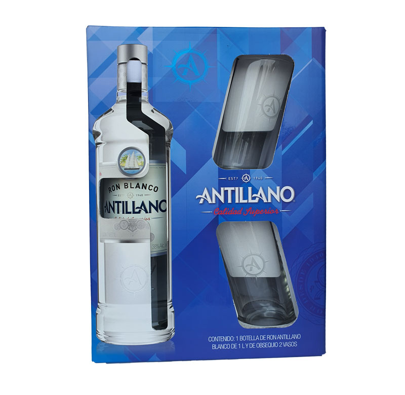 Ron Antillano Blanco 1000 ml. + 2 Vasos 1 RON ANTILLANO BLANCO 1000 ml. + 2 VASOS