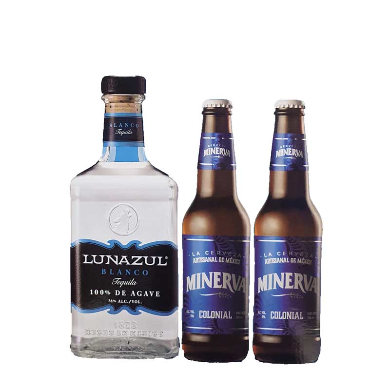 TEQUILA LUNAZUL BLANCO 750 ml. + 2 CERVEZAS MINERVA Sampieri Vinos y