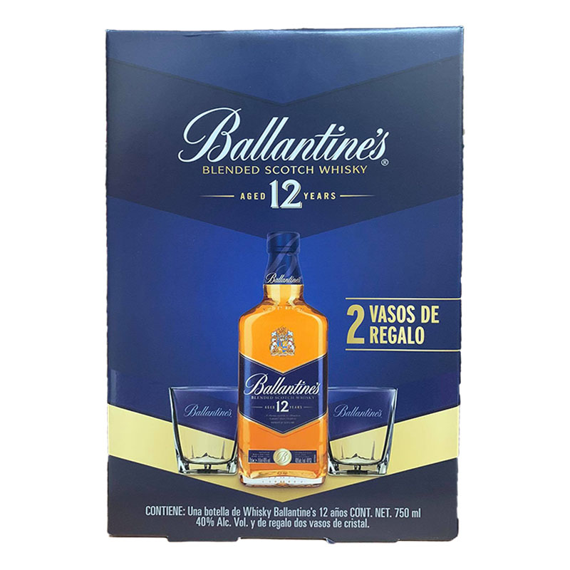 WHISKY BALLANTINES 12 AÑOS 750 ml. + 2 VASOS