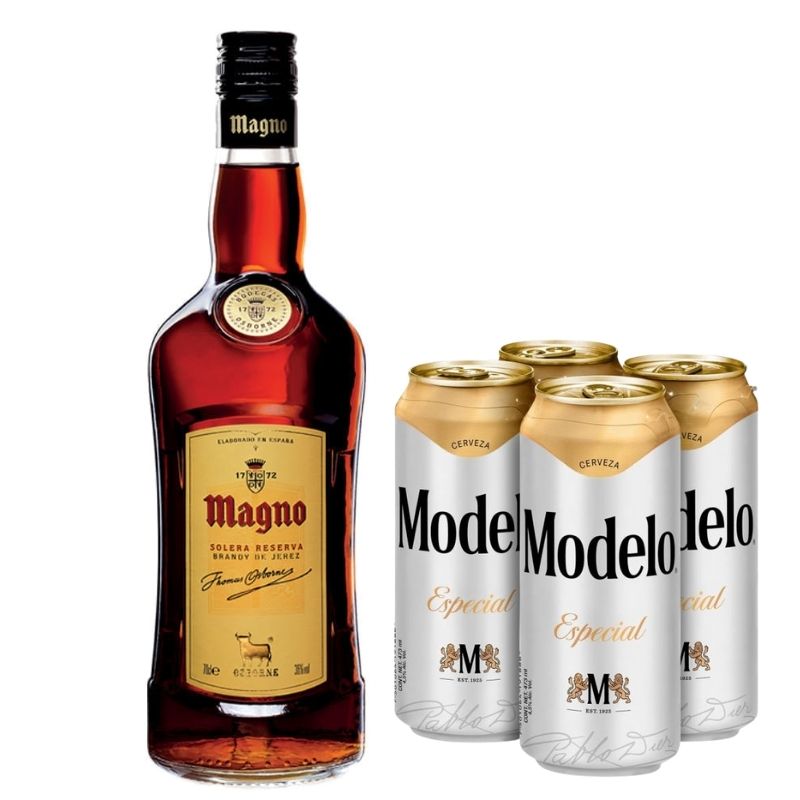 Brandy Magno Reserva 700 ml. + 4 Laton Modelo 473 ml. 1 Brandy Magno Reserva 700 ml. + 4 Laton Modelo 473 ml.