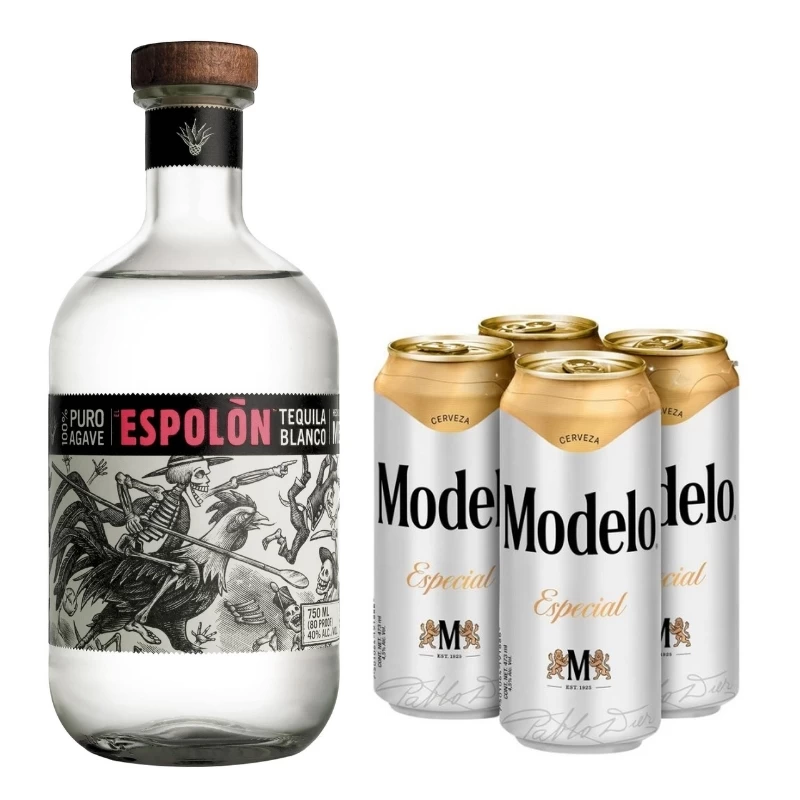Tequila Espolon Blanco 750 ml. + 4 Cervezas Modelo 473 ml. 1 Tequila Espolon Blanco 750 ml. + 4 Cervezas Modelo 473 ml.