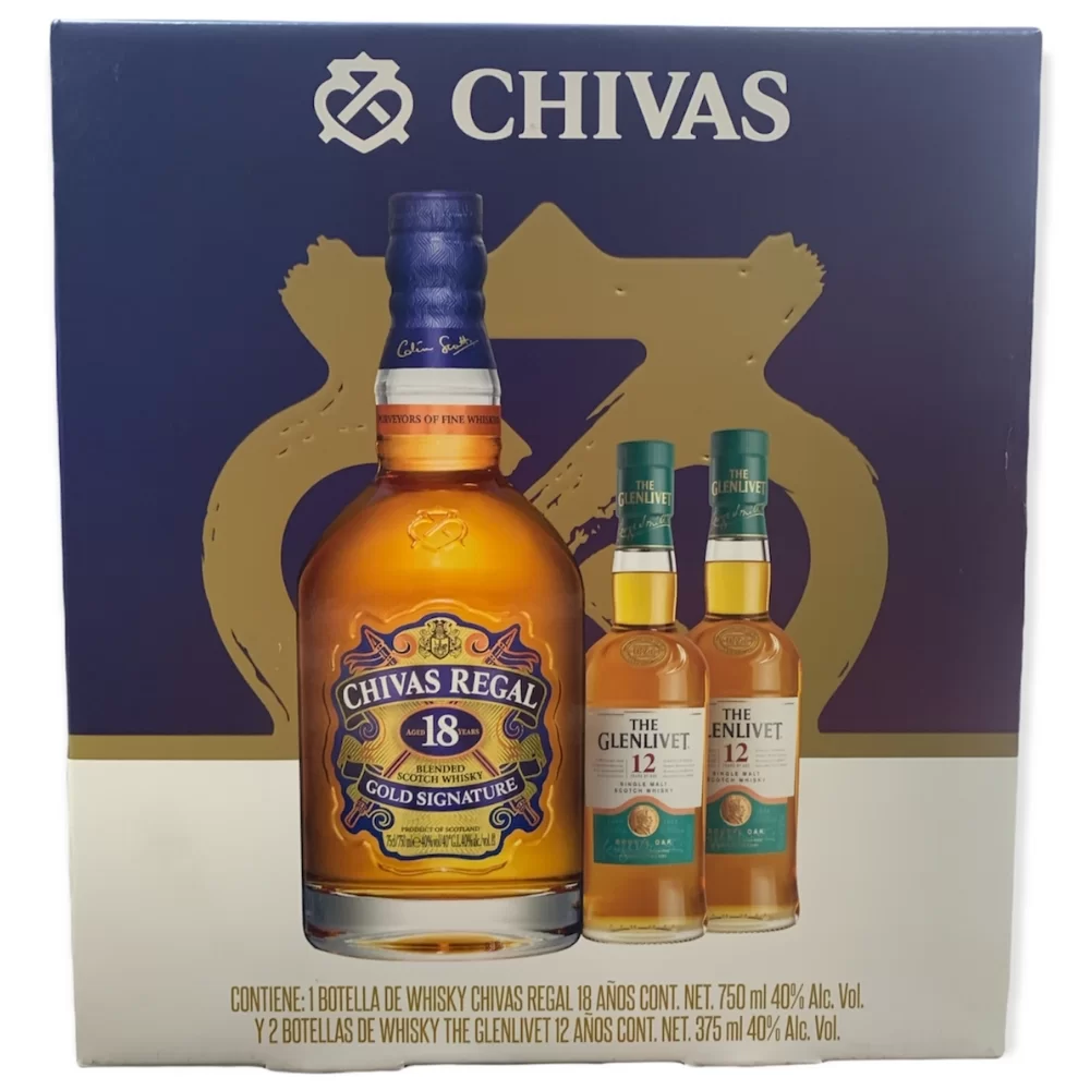 Whisky Chivas Regal 18 Años 750 ml. + 2 Glenlivet 12 Años 375 ml. 1 Whisky Chivas Regal 18 Años 750 ml. + 2 Glenlivet 12 Años 375 ml.