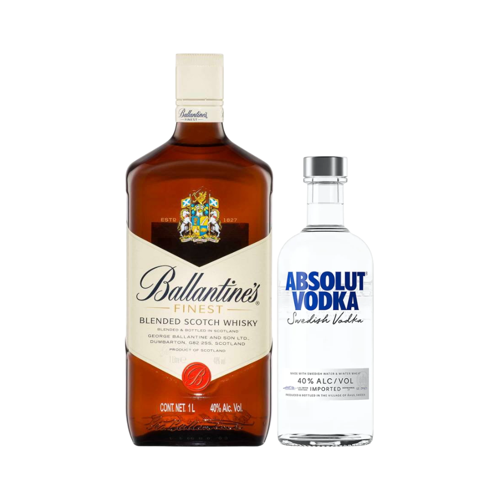 Whisky Ballantines Finest 1000 ml. + Vodka Absolut Azul 375 ml. 1 Whisky Ballantines Finest 1000 ml. + Vodka Absolut Azul 375 ml.