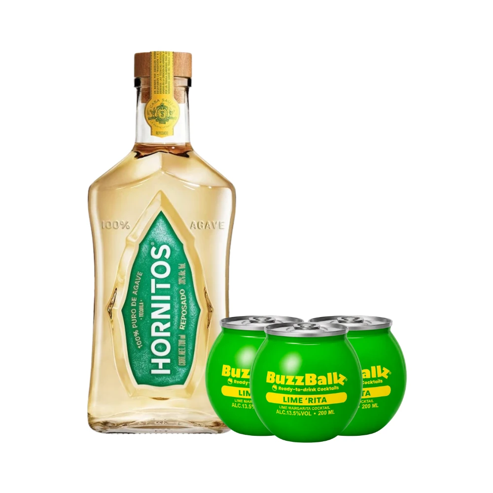 Tequila Sauza Hornitos Reposado 700 ml. + 3 Bebida BuzzBallz Lime Rita 200 ml. 1 Tequila Sauza Hornitos Reposado 700 ml. + 3 Bebida BuzzBallz Lime Rita 200 ml.