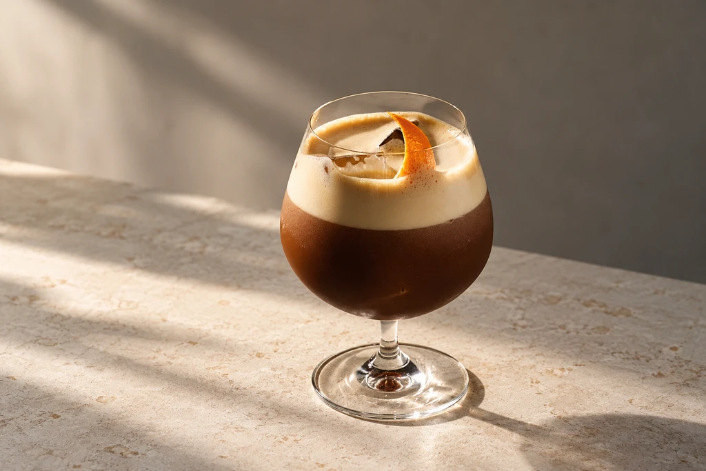 Cómo preparar un carajillo perfecto en casa: receta fácil y el secreto de su espuma 1 Carajillo con café espresso y Licor 43 servido con hielo en un vaso de cristal.